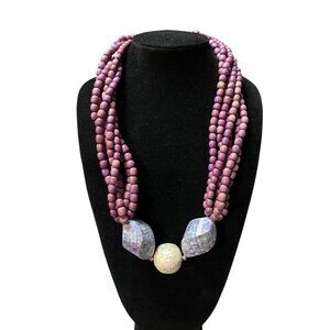 Multi-Strand Purple Wooden Bead Necklace W/ Iridescent Mosaic Accent Beads & Hoo